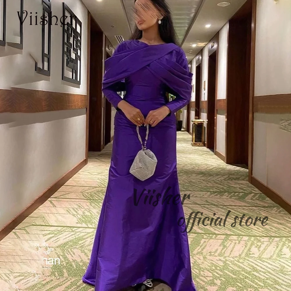 

Viisher Purple Satin Mermaid Evening Dresses Long Sleeve O Neck Formal Dress Arabian Dubai Prom Party Gowns 2024