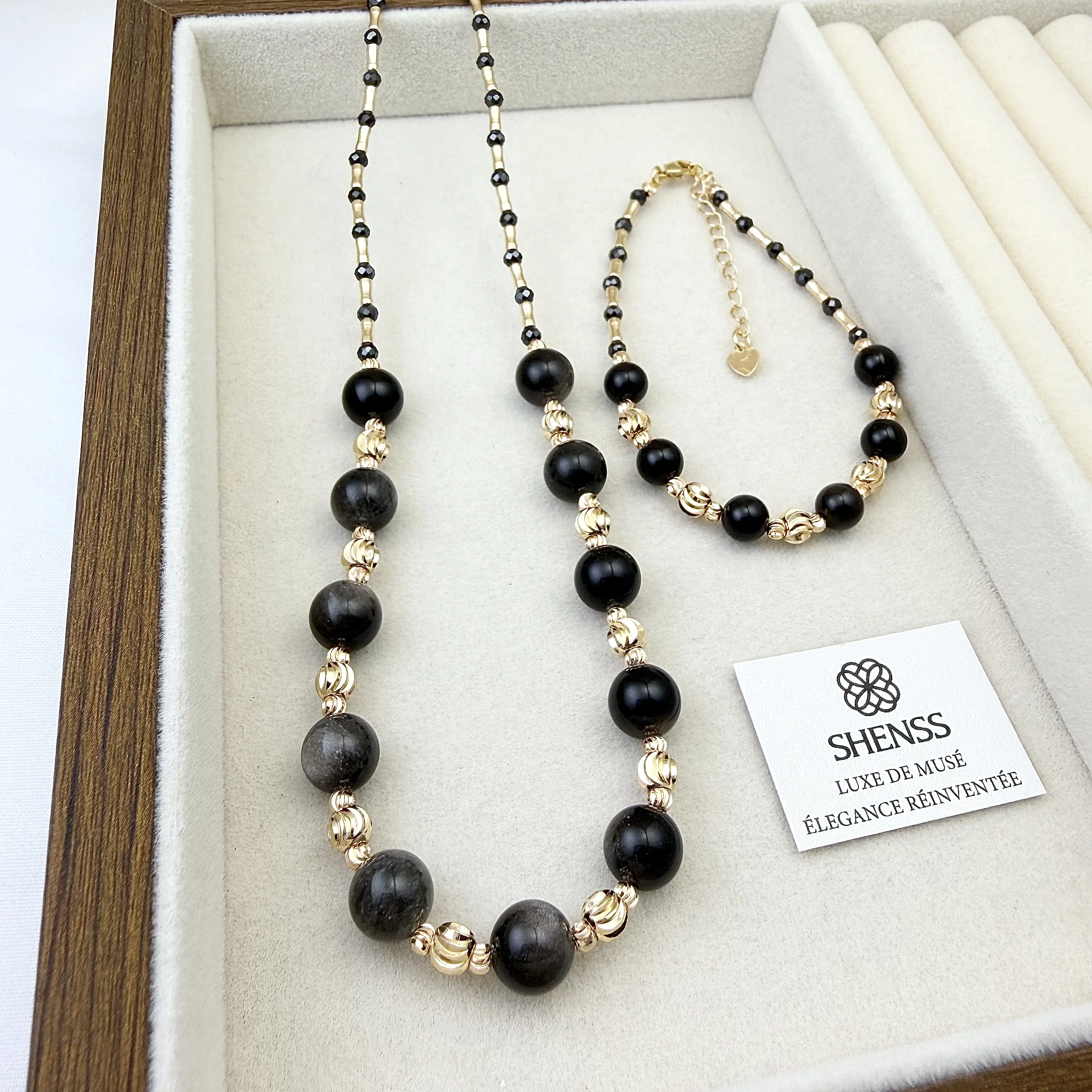 

Natural Black Obsidian Jewelry Set | Edgy Luxury Necklace, Bracelet & Earrings | Black-Gold Contrast Gift for Her