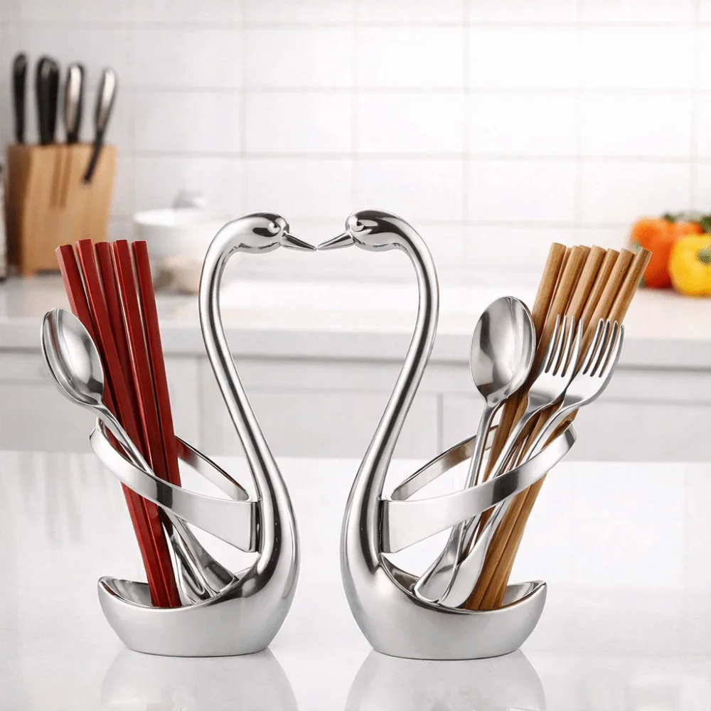 Zinc Alloy Swan Shape Cutlery Holder Anti-Rust Decorative Swan Fork Spoon Holder Delicate Tableware Storage Rack Home Decoration