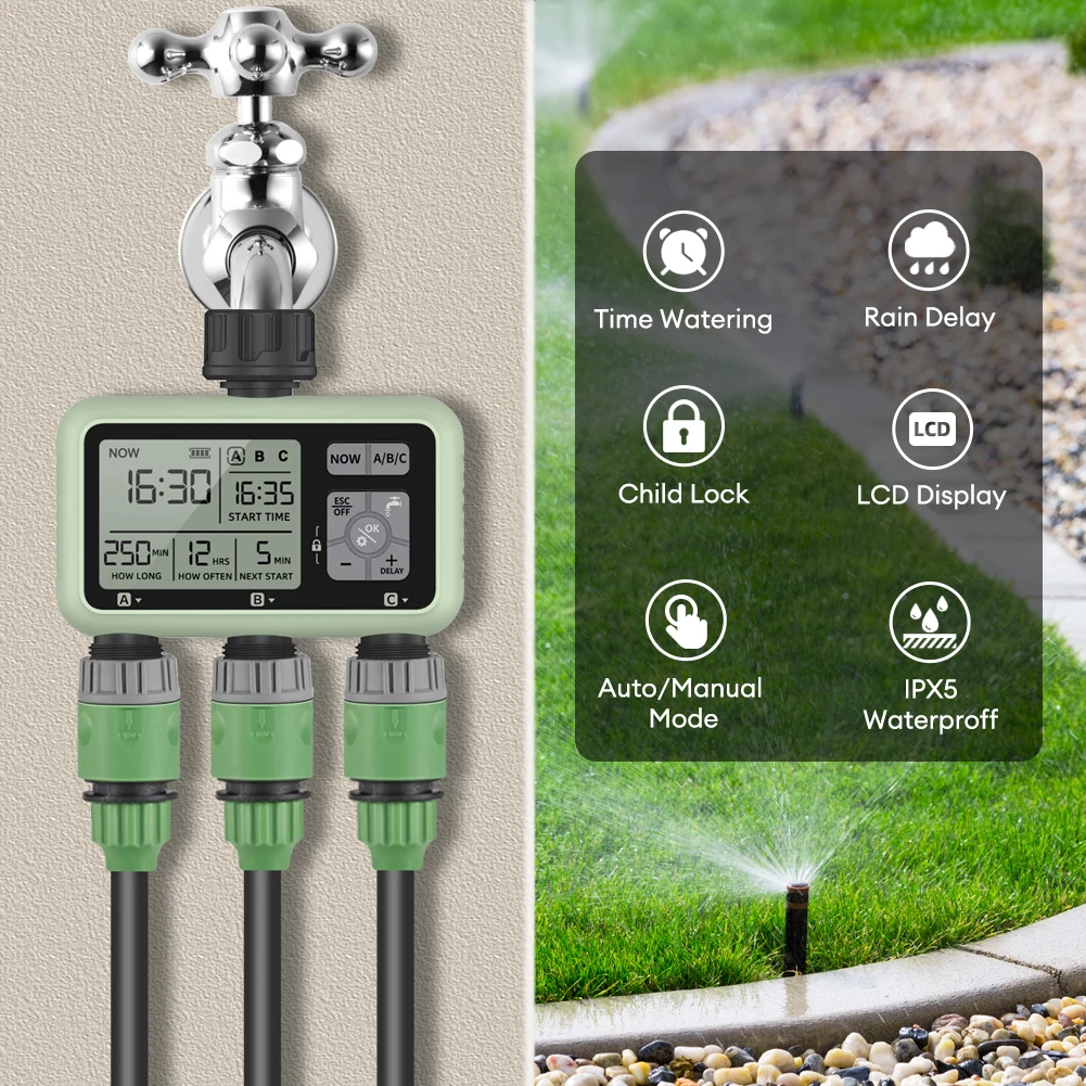 Yieryi 3 Outlet Watering Timer Rain Delay Garden Irrigator Timer Auto & Manual Drip Watering Sprinkler Water Valve for Outdoor