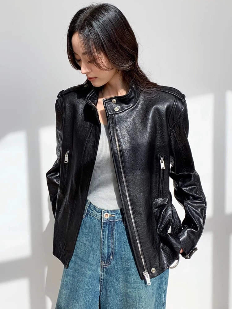 Black Short Genuine Leather Motorcycle Jackets for Women Spring Autumn High-end Simple Bubble Real Sheepskin Coat with Belt