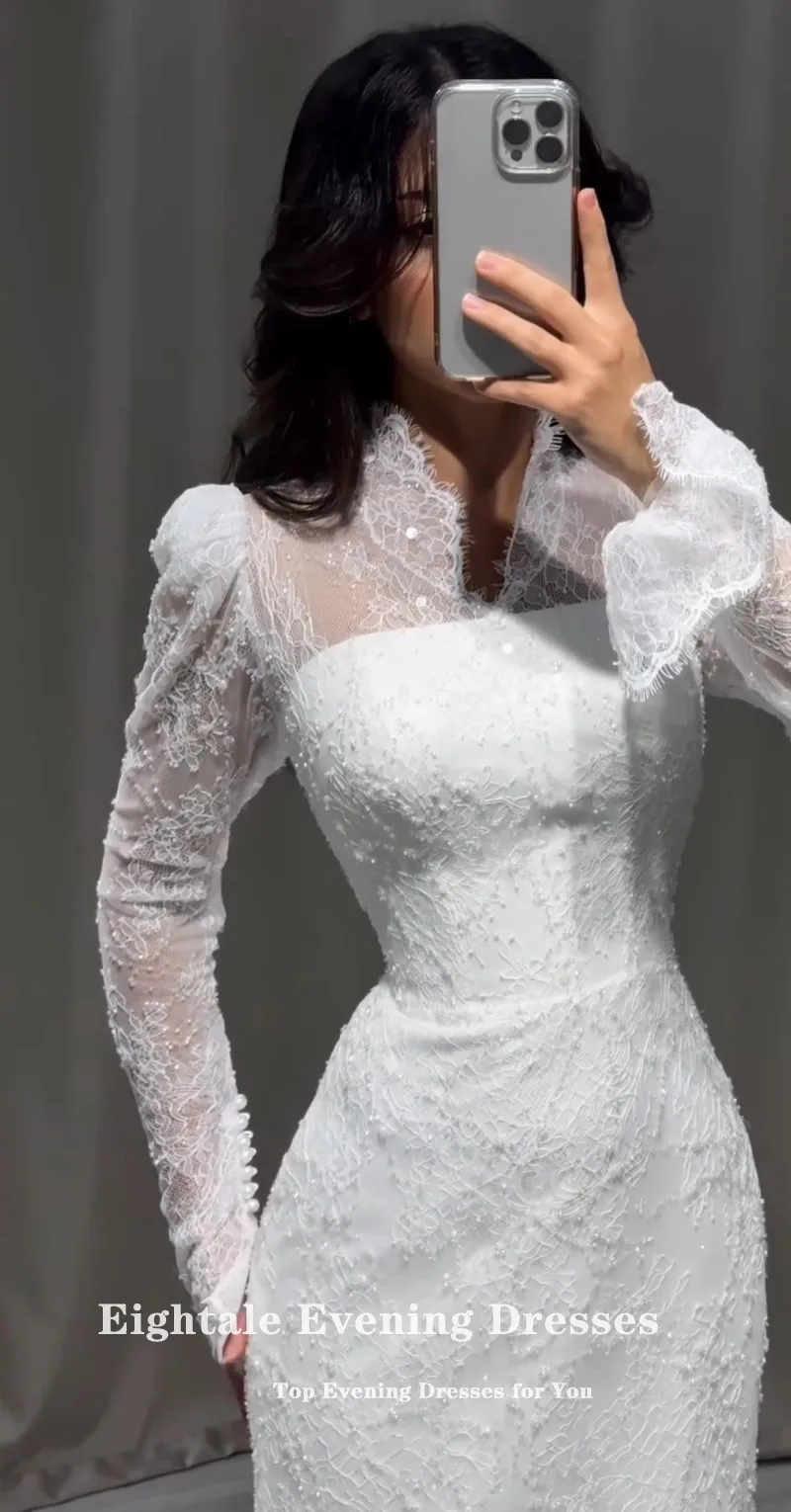 Eightale Arabische Trouwjurk Kant V-hals Aangepaste Wit Ivoor Lange Mouwen Moslim Bruidsjurk Zeemeermin Bruid Feestjurk