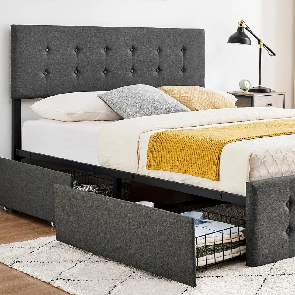 

Queen Bed Frame with 4 Storage Drawers and Headboard, Adjustable Upholstered Headboard Beds Mattress Foundation with Wood Slat