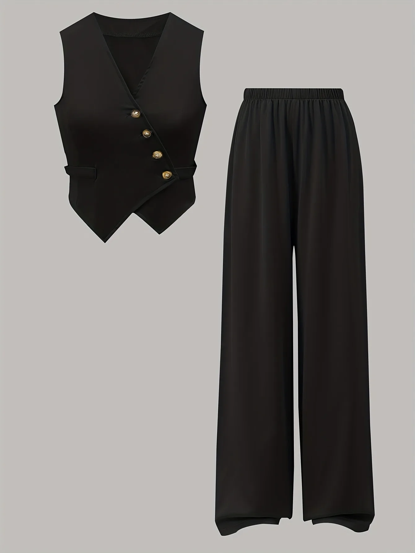 Trendy Girls 2Pcs Elegant Co-ord Suit, Black V Neck Asymmetrical Waistcoat, Loose Straight Trousers for School Ceremony Kids Fas