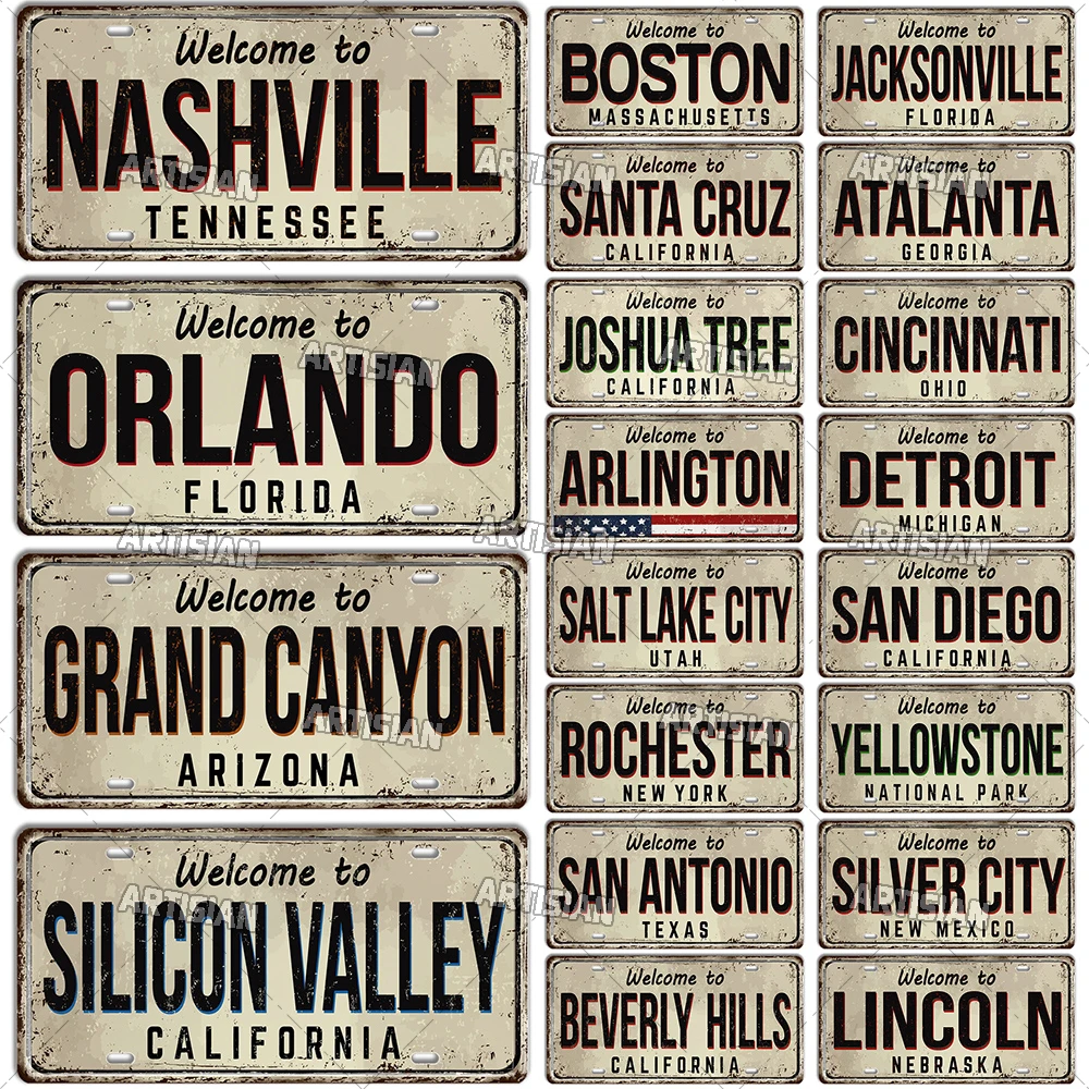 Artisian Welcome To USA City Car Plate US Landmark License Plate Decorative Metal Sign Wall Decor Garage Bar Pub Club Hotel Cafe