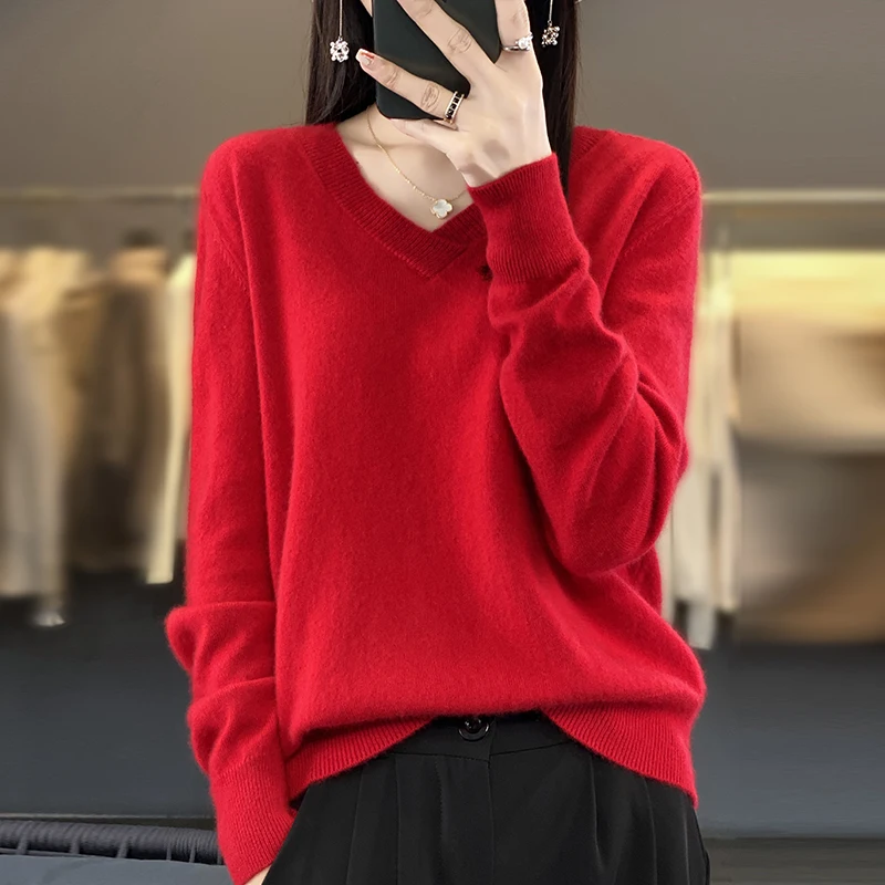 

Autumn Winter Women's 100% Merino Wool Sweater V-Neck Pullover Long Sleeve Bottoming Shirt Female Casual Slim Fit Knit Jumper