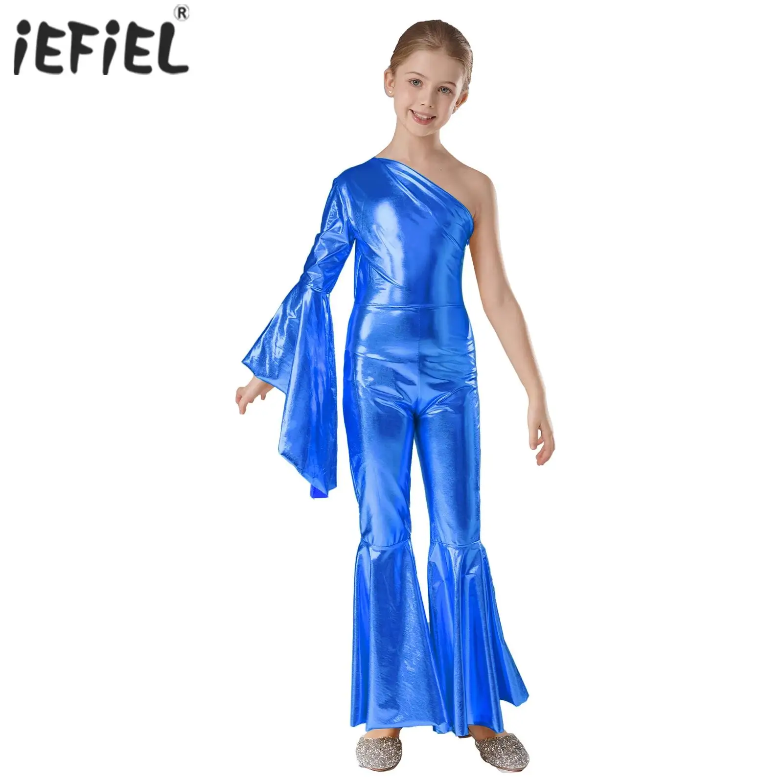 Flare Sleeve Gymnastics Tights Jumpsuit for Girls Shiny Metallic One Shoulder And Bell-bottom Playsuit Ballet Jazz Dance Outfits