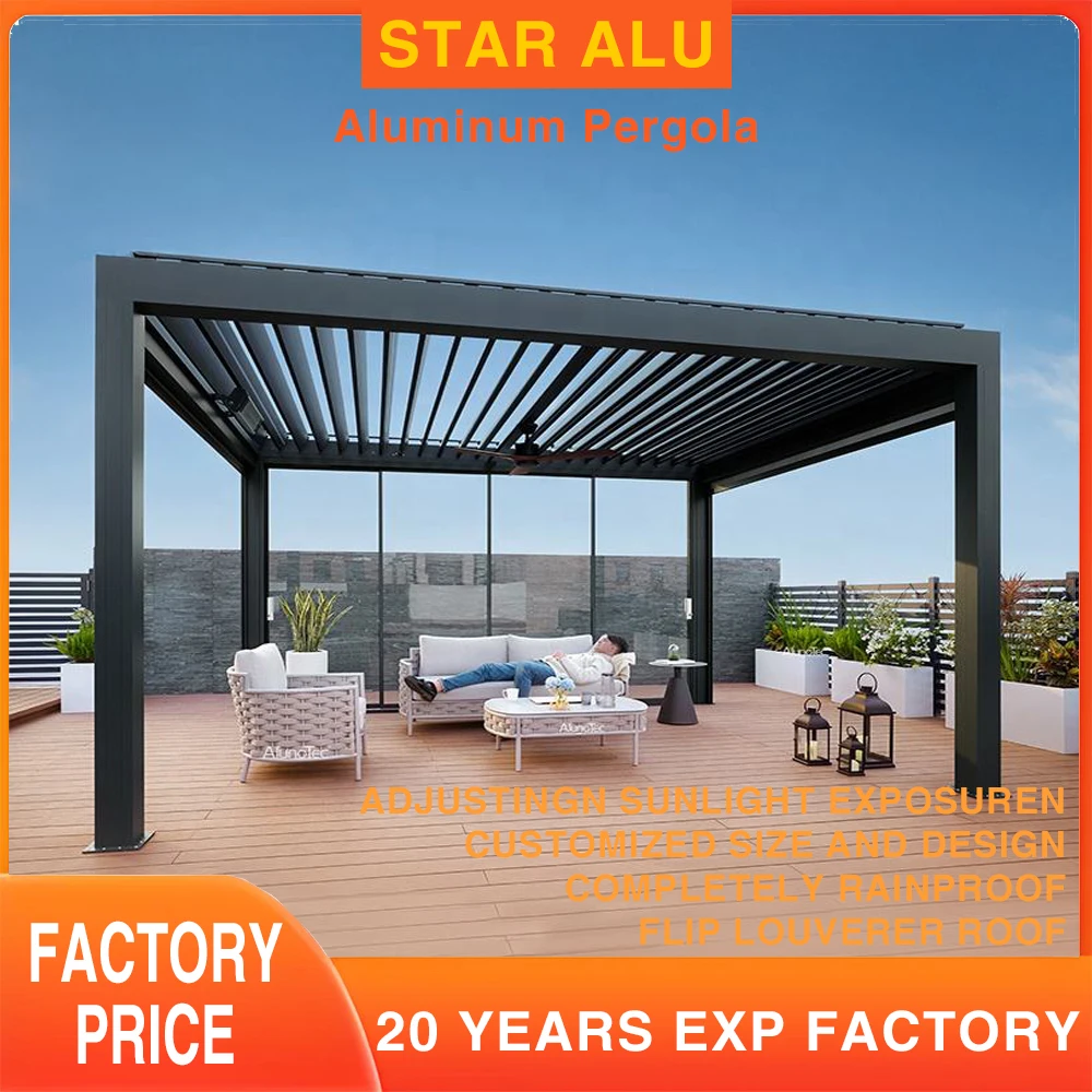 Customized Waterproof Sunshade Glass Sliding Outdoor Pergola Aluminum Motorized  Aluminum Louvered Pergola with Motorized Roof