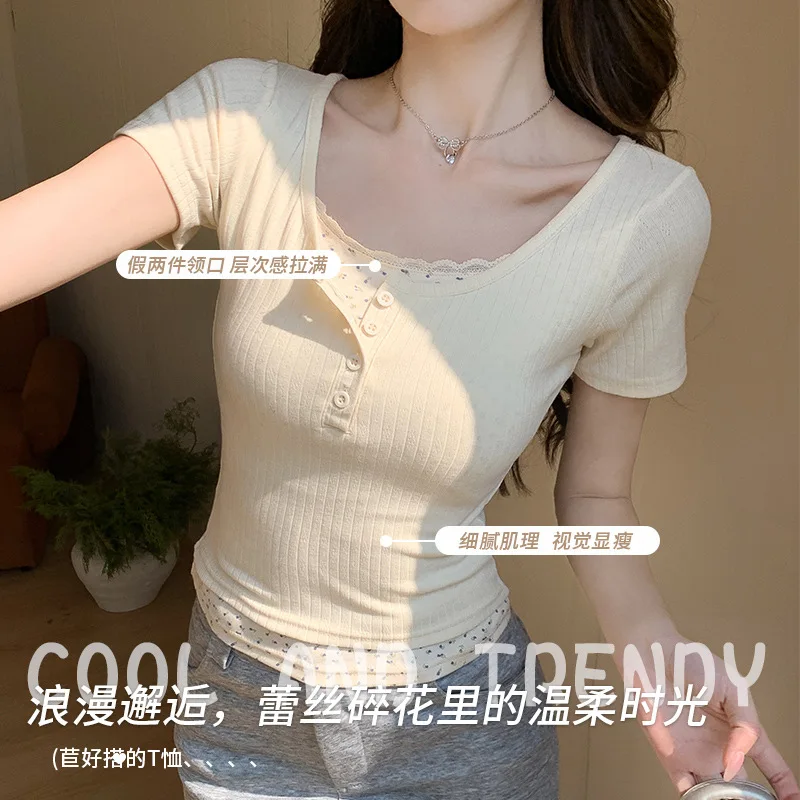 Fake two short sleeved T-shirts for women to wear in summer slim fit and slimming striped base shirt for outerwear