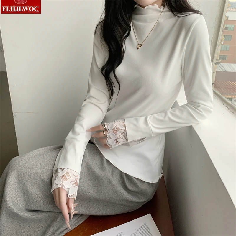 Mezza dolcevita Tees Top bianchi New Fashion Donna Manica lunga Casual Patchwork Pizzo bianco Solido Ragazze carine Corea Nozioni di base T-shirt