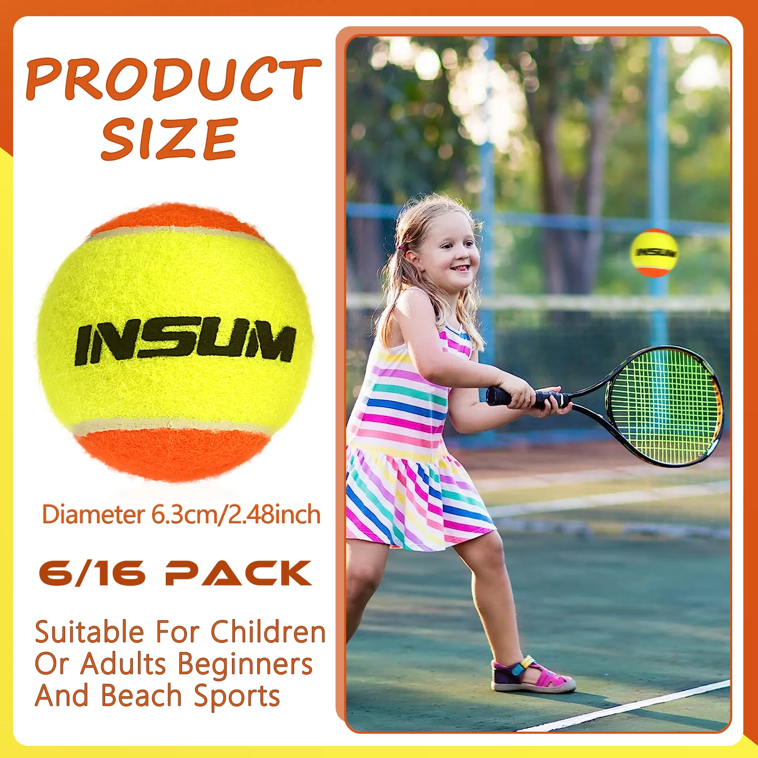 INSUM Beach Tennis Ball Professional 3/6/12 Packs Stage2 ITF Approved Trainning Tennis Balls for Kids and Beginner