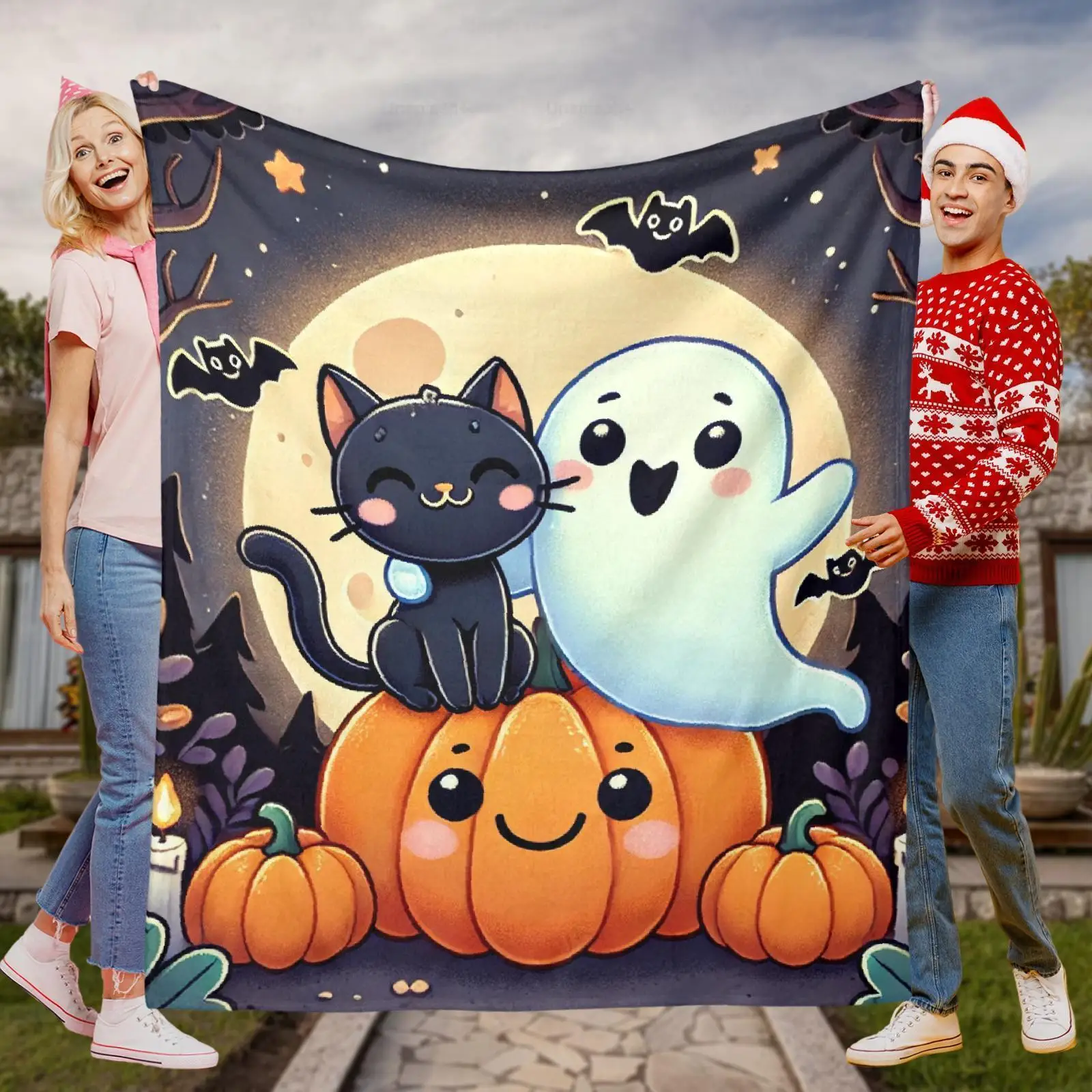 Charming Encounter Stylish and Cozy Flannel Blanket for Halloween Night with Friendly Ghosts and Cats in The Forest