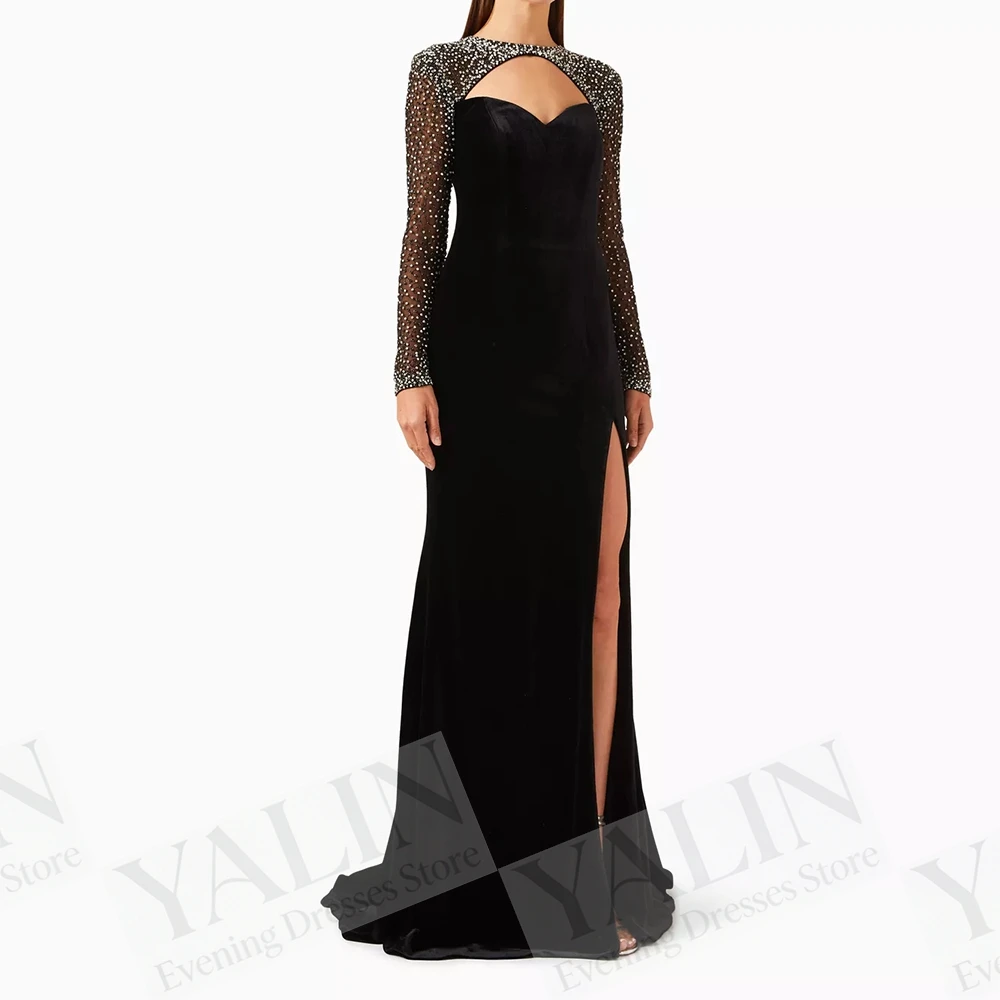 Women's Mermaid Evening Dresses Floor-length O-neck Full Sleeve Prom Dresses Fashion Sequined Side-split Draped Customized Gowns