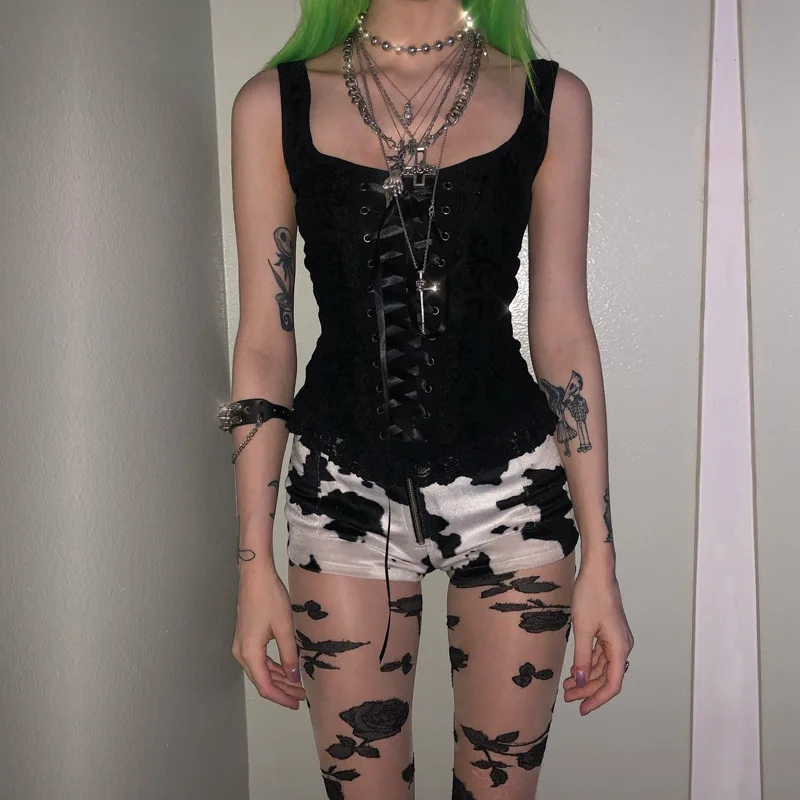 

Women's Black Square Neck Sexy Strappy Tank Top Fashion Knit Lace Camisole Punk Top