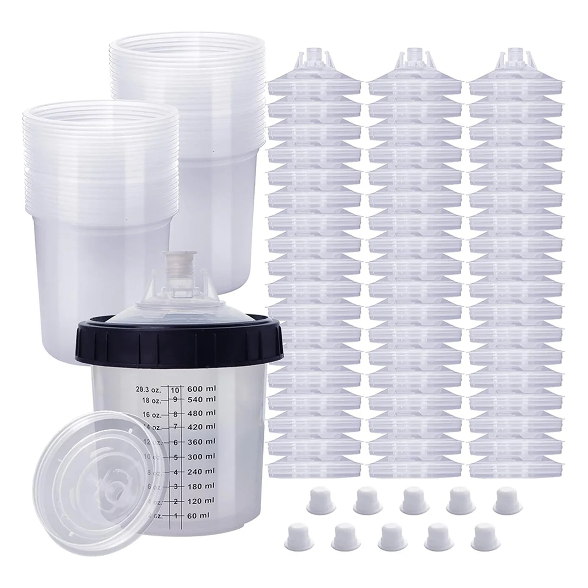 Paint Sprayer Mixing Cup, 20 Ounce (600ml) Kit with 55 Cups and Lids System, 1 Hard Cup with Retainer Ring and 10 Plugs