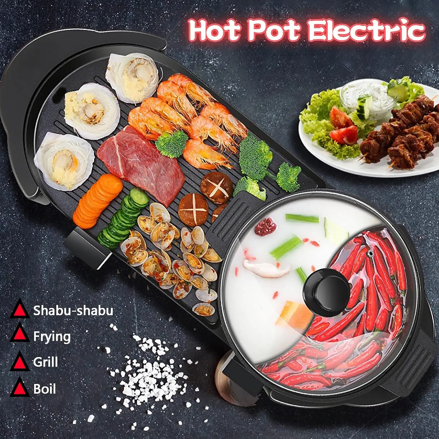 Electric Hot Pot 2 in 1 Shabu Shabu Hot Pot Korean BBQ Grill, Removable Hotpot Pot 1200W / Large Capacity Baking Tray, Separate