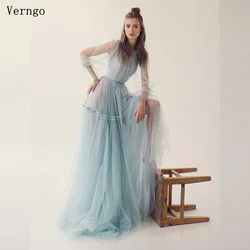 Verngo Blue Tulle Elegant Prom Dress Women O Neck Full Sleeves A Line Party Dress Maxi Fomal Prom Wedding Party Dress