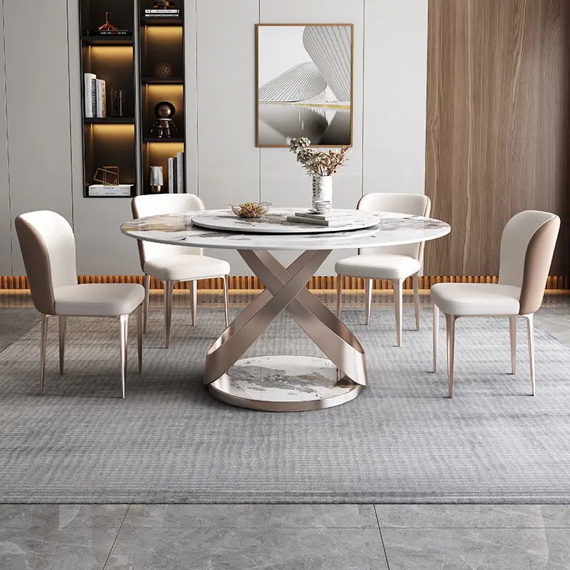 Rock slab round dining table and chair combination dining room furniture multi-person round with turntable