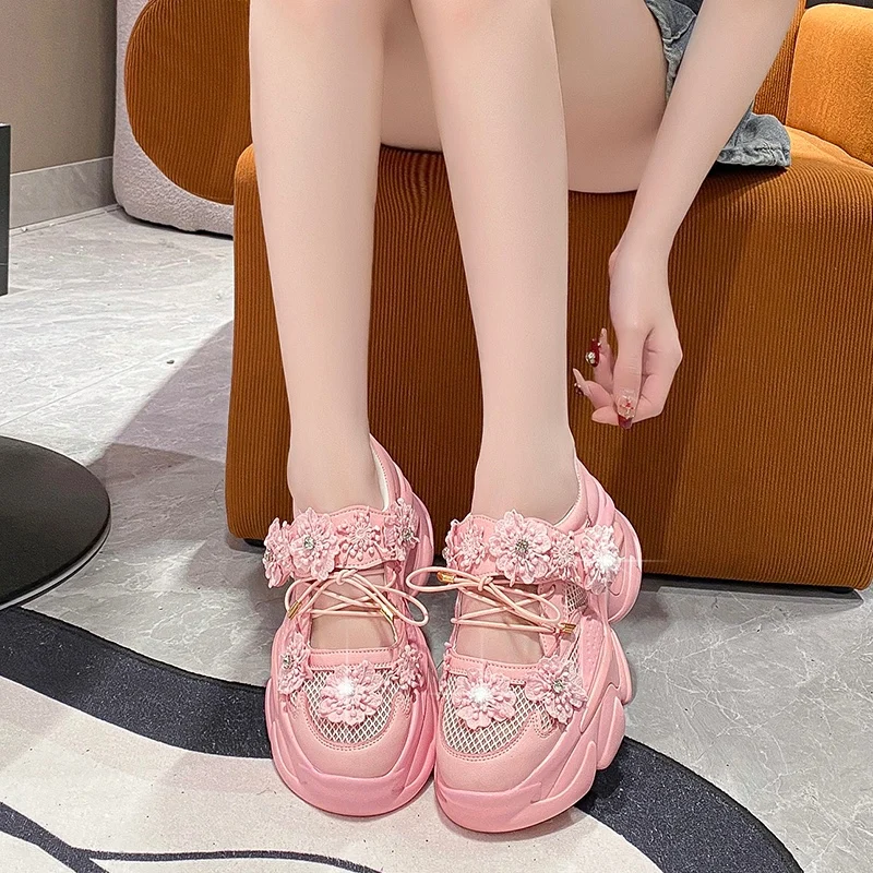 Women Platform Casual Breathable Crystal Flower Shoes Summer Chunky Sneakers 7.5CM Hidden Heels Hollow Leisure Shoes Woman
