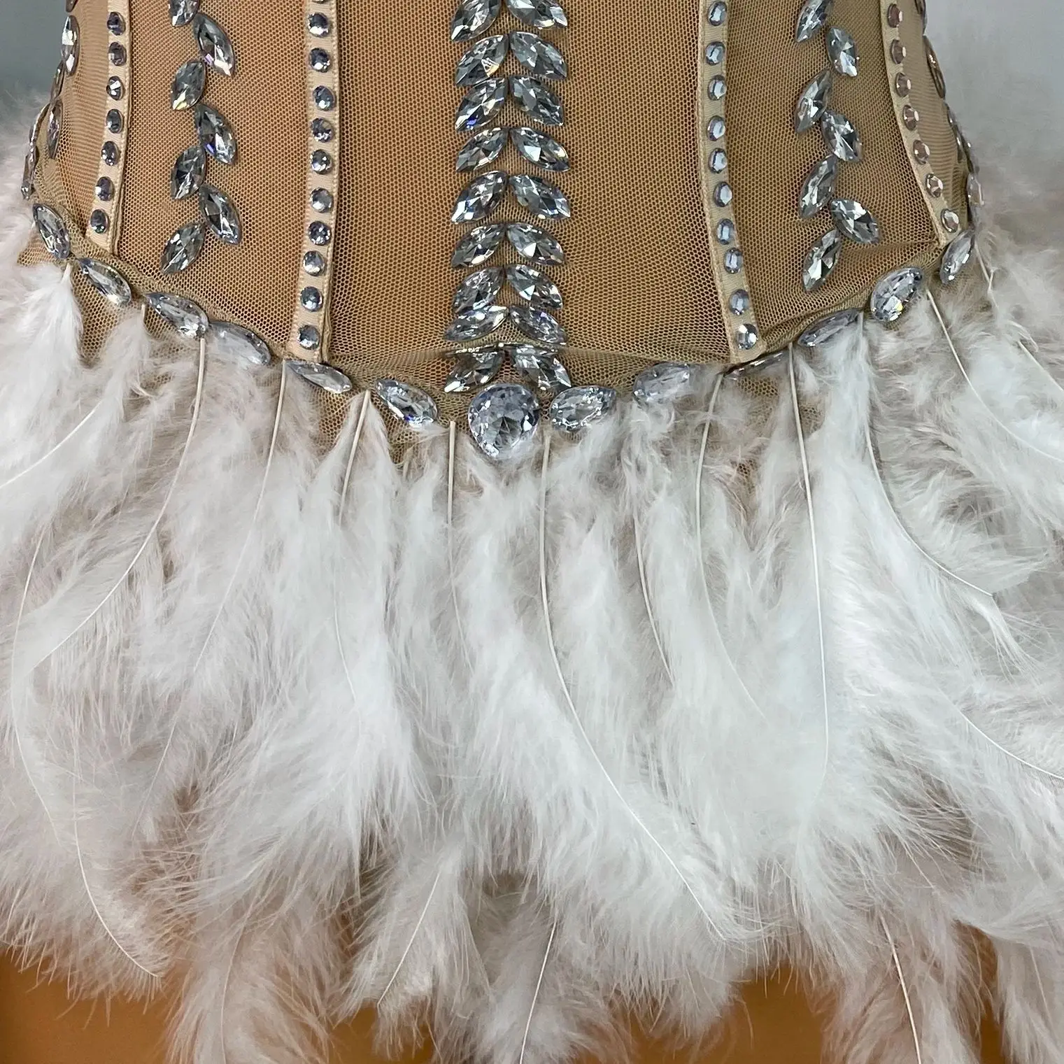 

Женское роскошное сетчатое боди с блестящими стразами, платье с белыми перьями, платье для фотосессии на день рождения, подиум, вечернее клубное вечернее платье знаменитостей