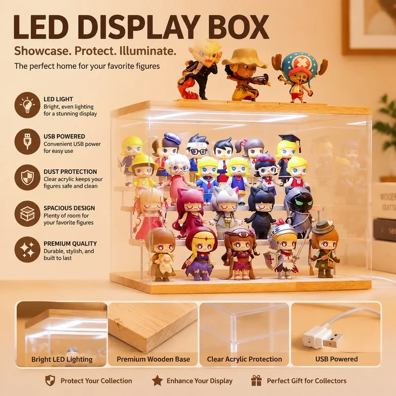 LED Acrylic Display Case for POP MART Blind Box, Dustproof Tiered Shelf with Lights for Figures, Toys & Collectible Decor