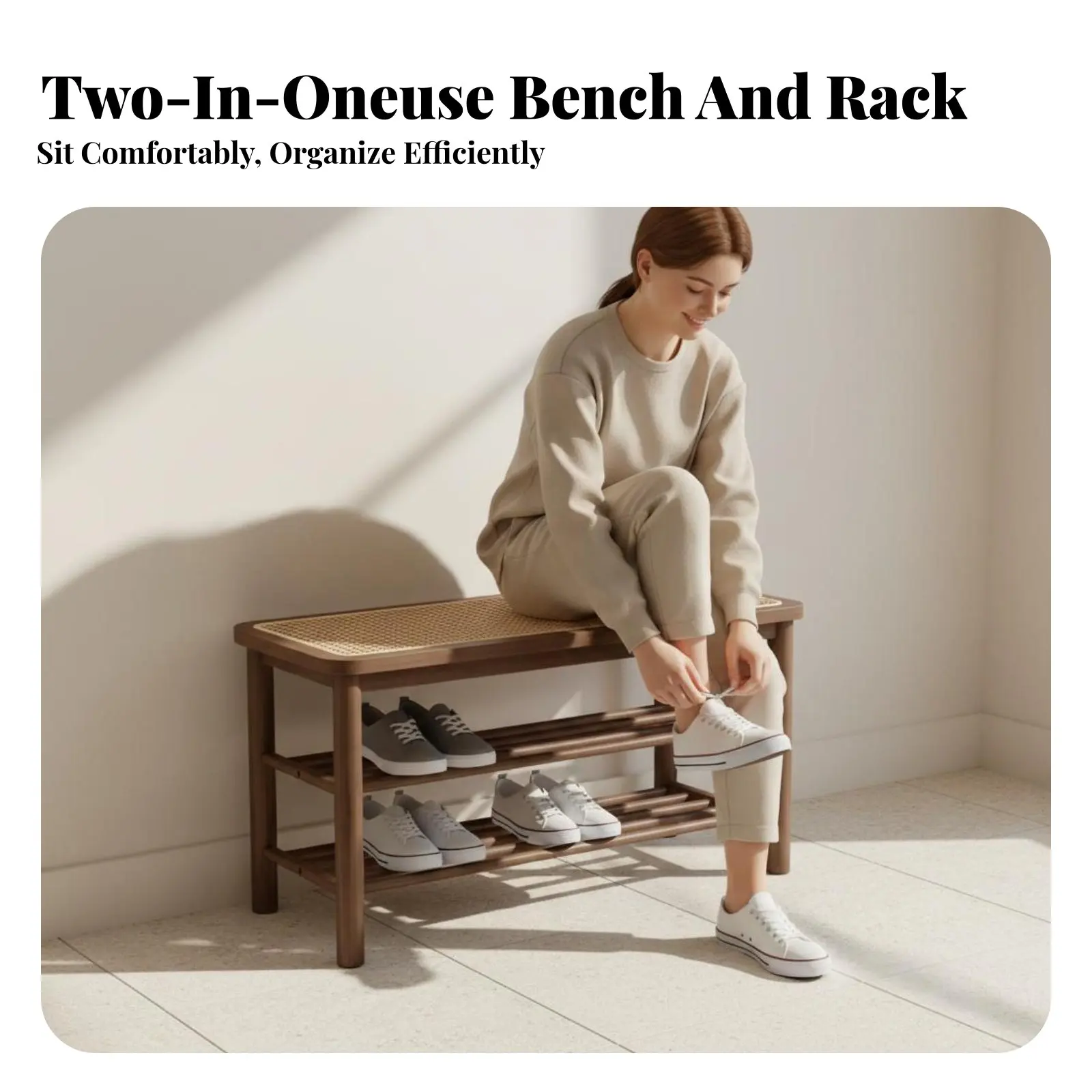 

Двухуровневая подставка для обуви с плетеным сиденьем, функция «два в одном», мягкая скамья-подставка для обуви, компактный дизайн, современный стиль для семей