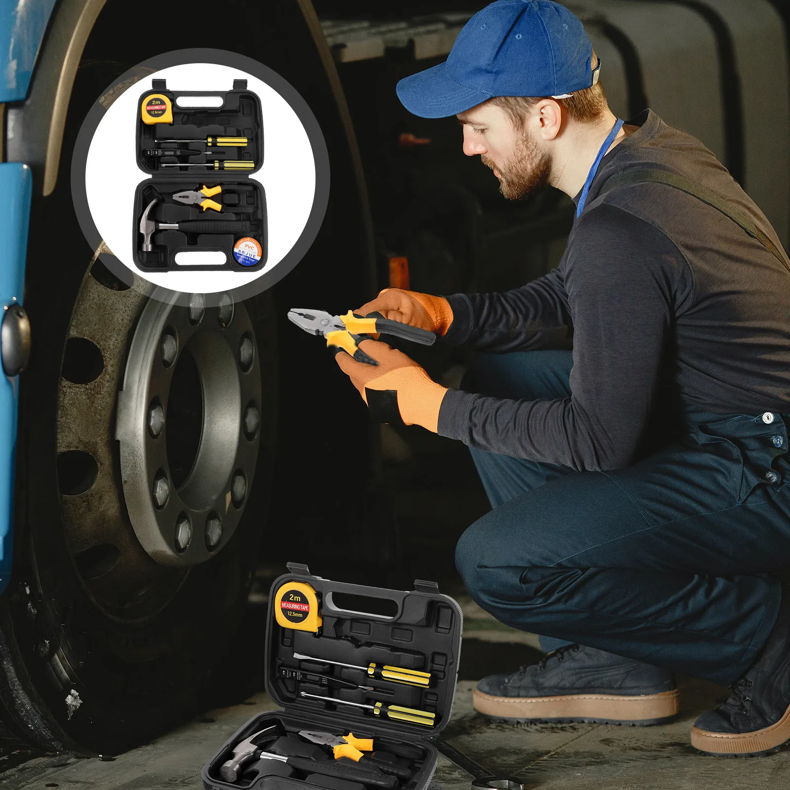 1 set 1 Set Multi-Functional Tool Box Set For Home Automotive Repair With Hammer Screwdriver Cutter Pliers Measuring Tape Small