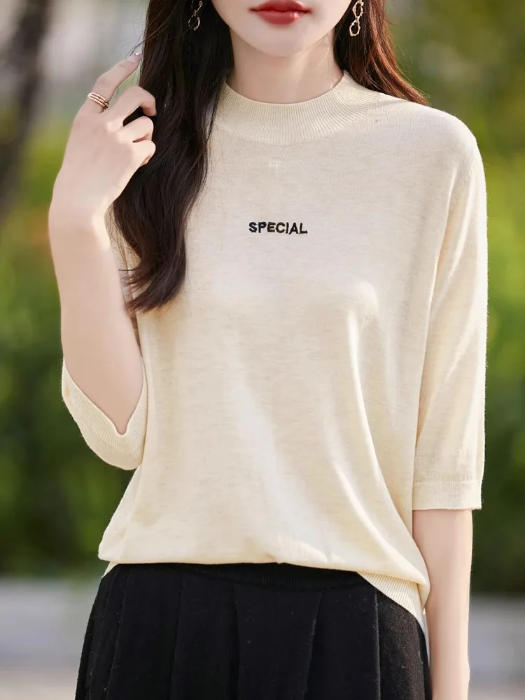 Early Autumn 2024 Women's Casual Loose Knitted Base irt f High Collar Thin Spun Five Sve Loose Fit Commute Sle