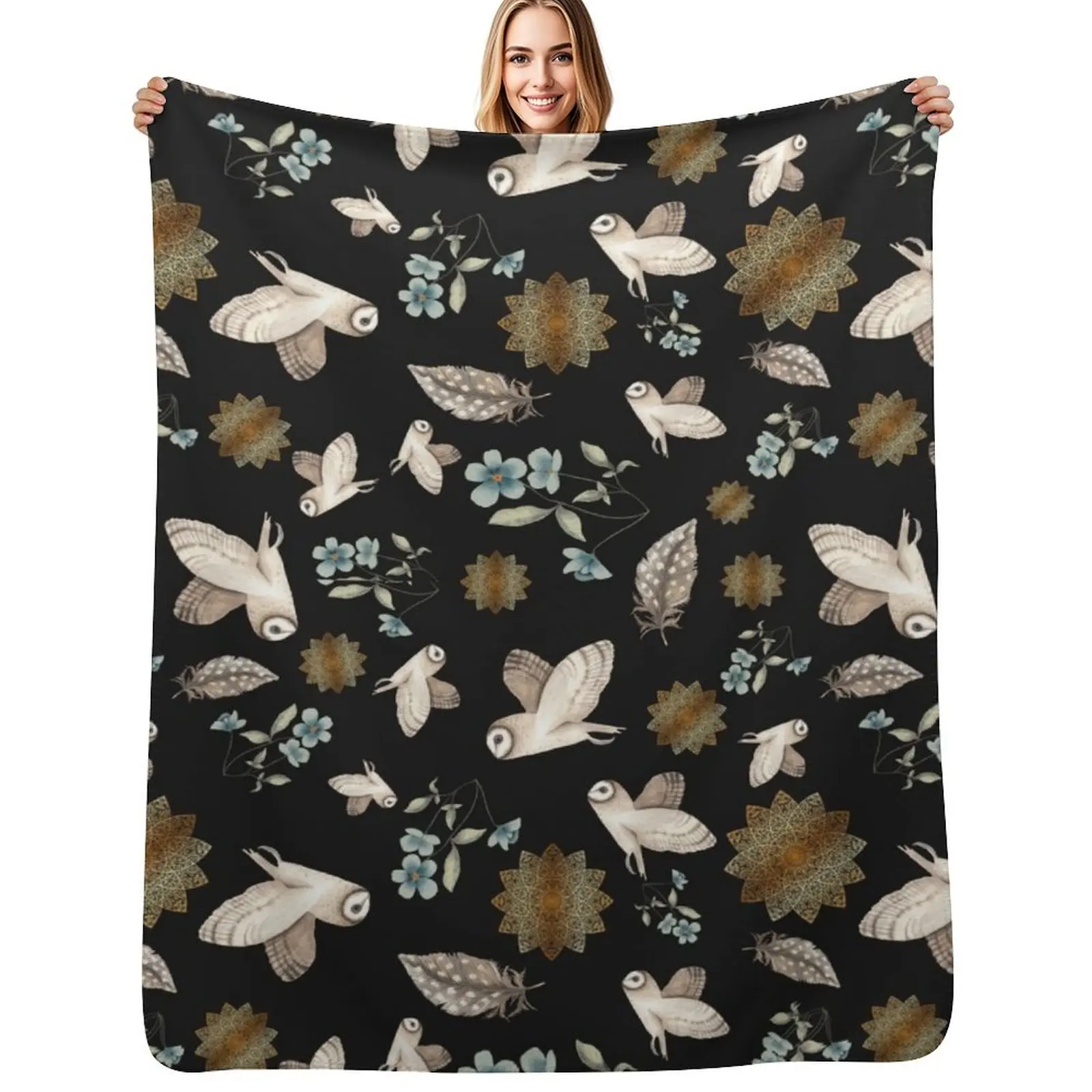 Barn Owl Pattern in black Throw Blanket Soft Cozy Blanket for Pet Kids Adults