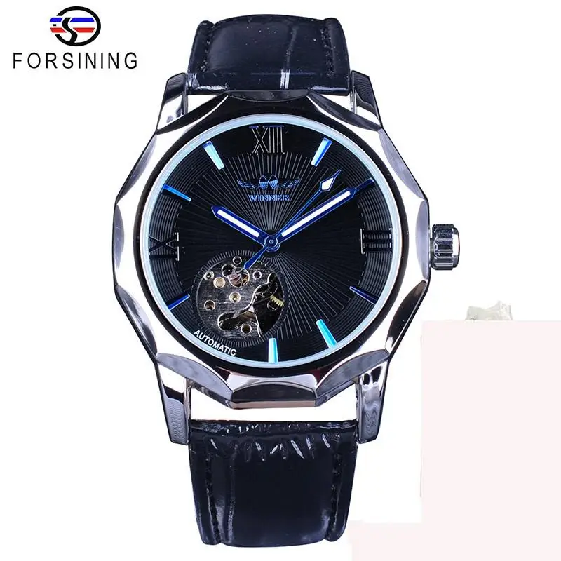 Fashion Winner Top Brand Men\'s Casual Hollow Mechanical Movement Automatic Mechanical Full Black Stainless Steel Wrist Watches