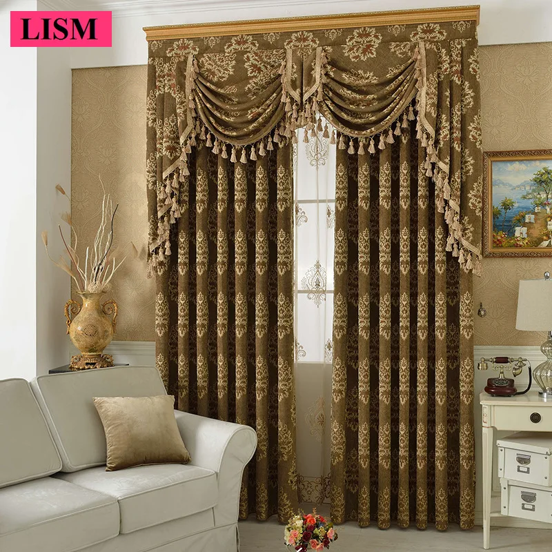 

Chenille Jacquard Blackout Curtains for Living Room Bedroom Floral Hanging Tassel Valance European Decor Custom Jacquard Tulle