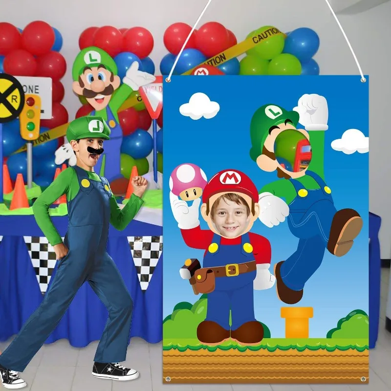 Super Marios Bros Backgrounds Anime Figure Luigi Photo Door Banner Fabric Face Photography Backdrops Party Supplies Kids Toys