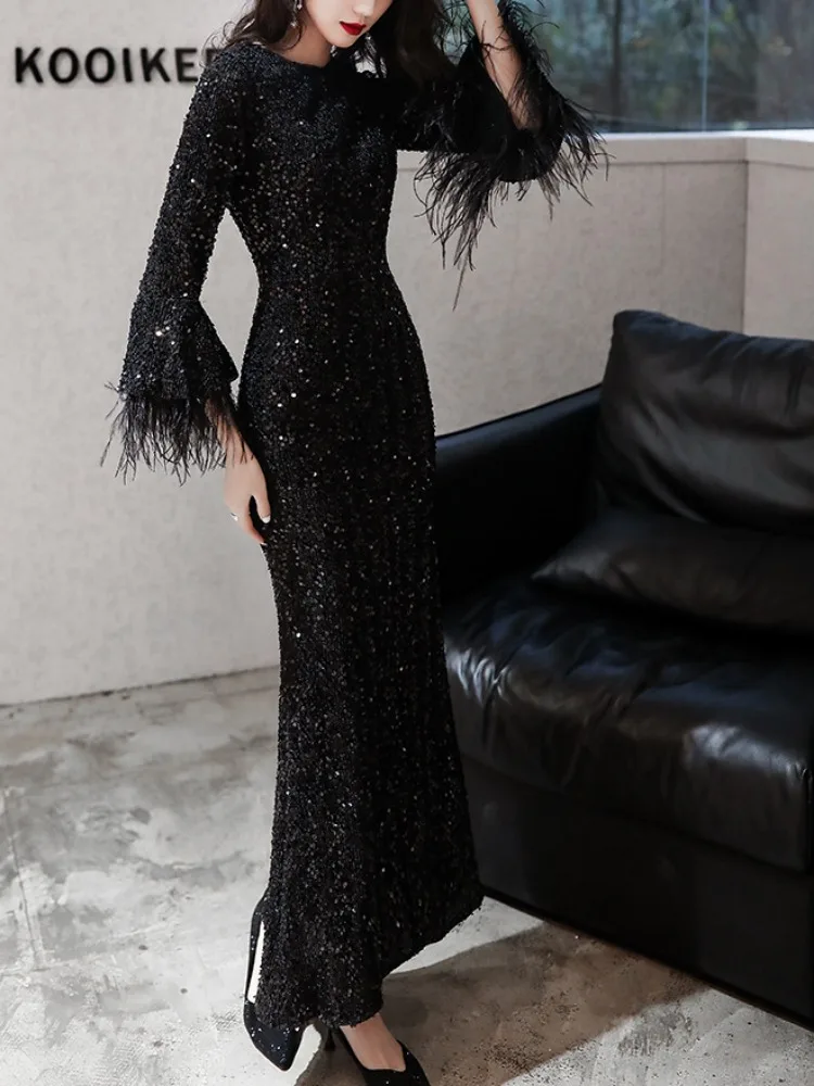 Customized Black Simple Elegant Temperament Sequined Flare Sleeve Weding Party Dresses Slim Waist Trumpet Prom Dress Feather Eve