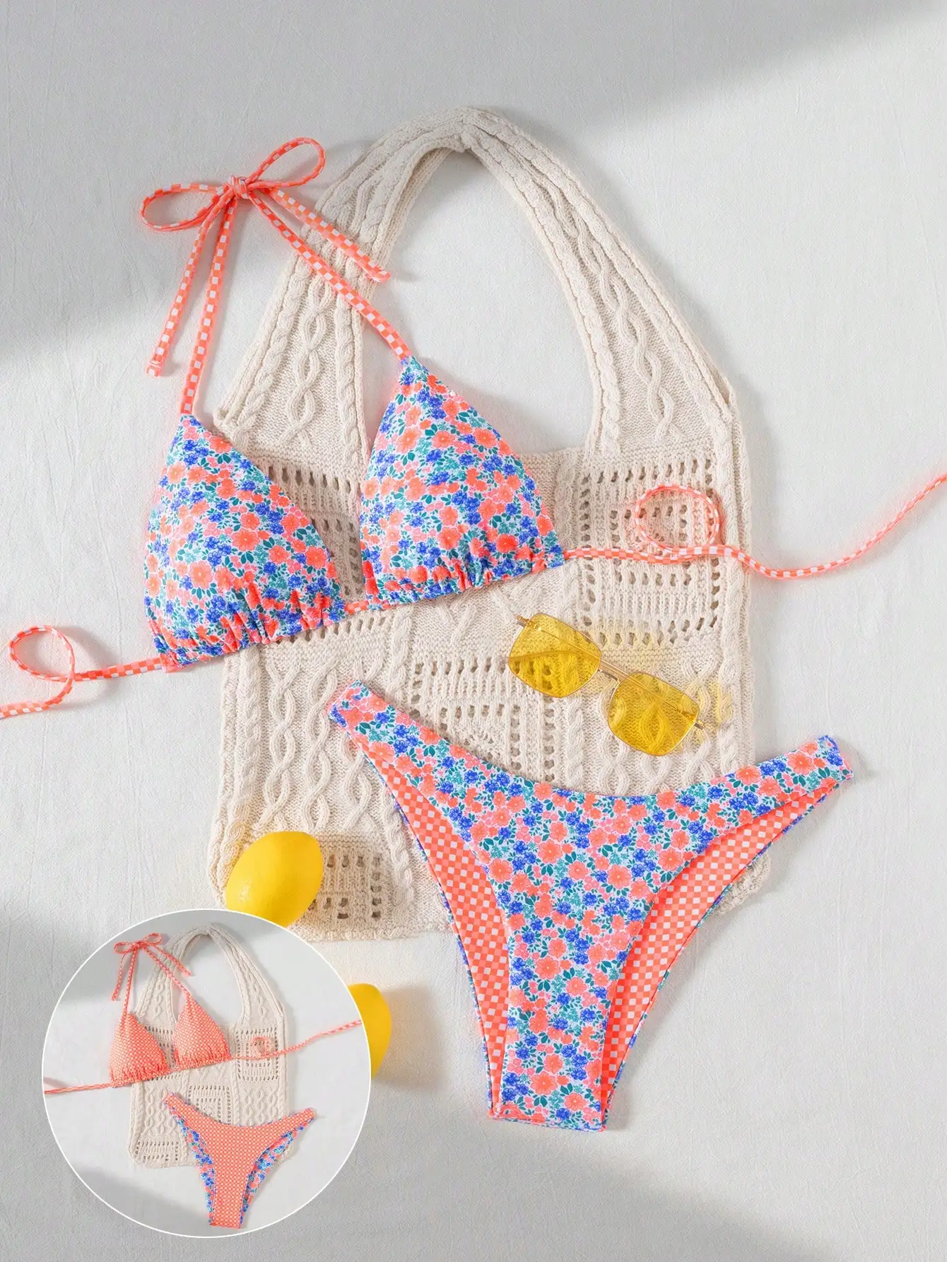 

Женский двусторонний комплект бикини с цветочным и клетчатым принтом и регулируемыми завязками