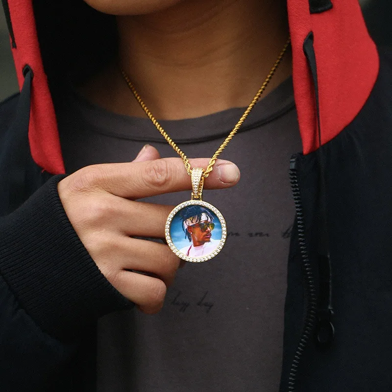Hiphop Custom Photo 3A Zircon Pendant Necklace for Women Men Personality Rock Customized Picture Pendant with Rope Chain 24in