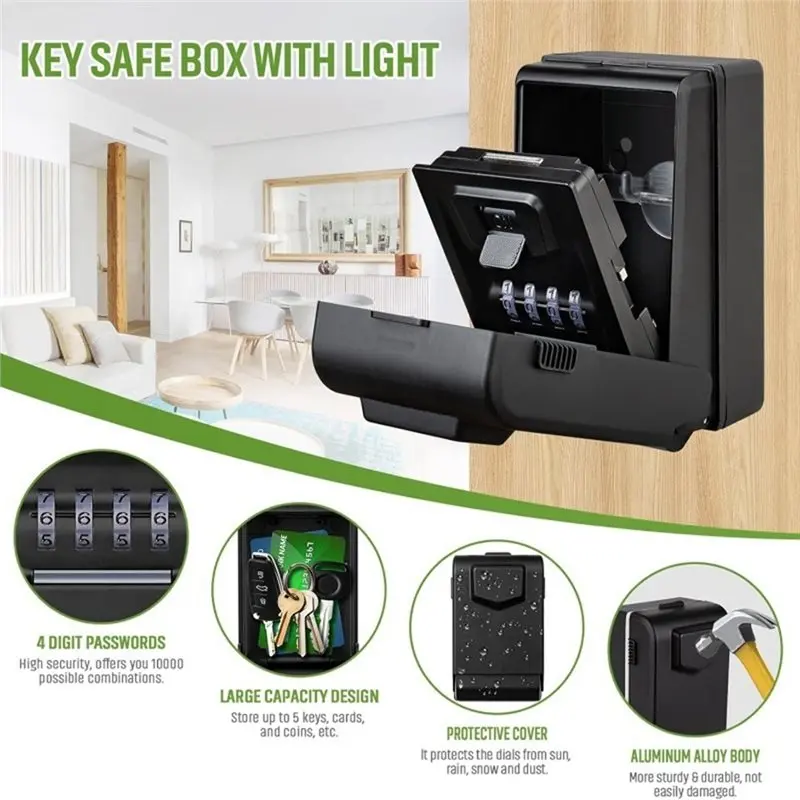 A92Z Led Light And Waterproof Cover Key Box With Password Protection Wall Mounted Lock High Security Storage Box-Large Capacity