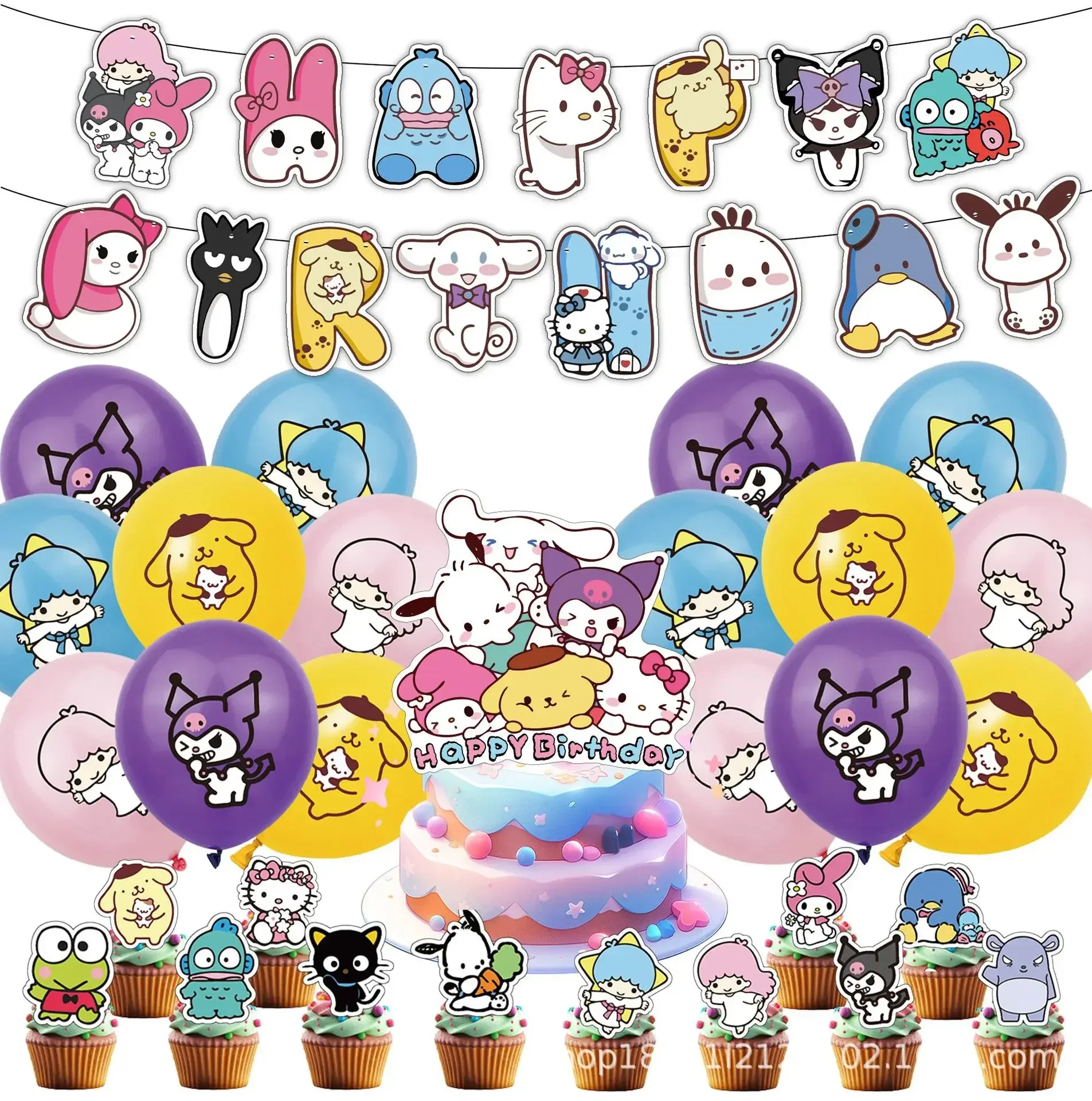 Sanrio-Juego de vajilla desechable para fiesta de cumpleaños, banderín colgante para pastel, globos de Hello Kitty, Decoración de cumpleaños