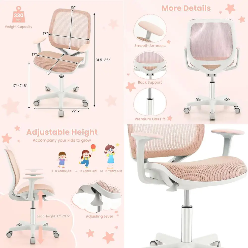 Adjustable Height Kids Desk Chair with Armrests, Swivel Mesh Seat for Study and Computer Use, Suitable for Boys, Girls, and Teen
