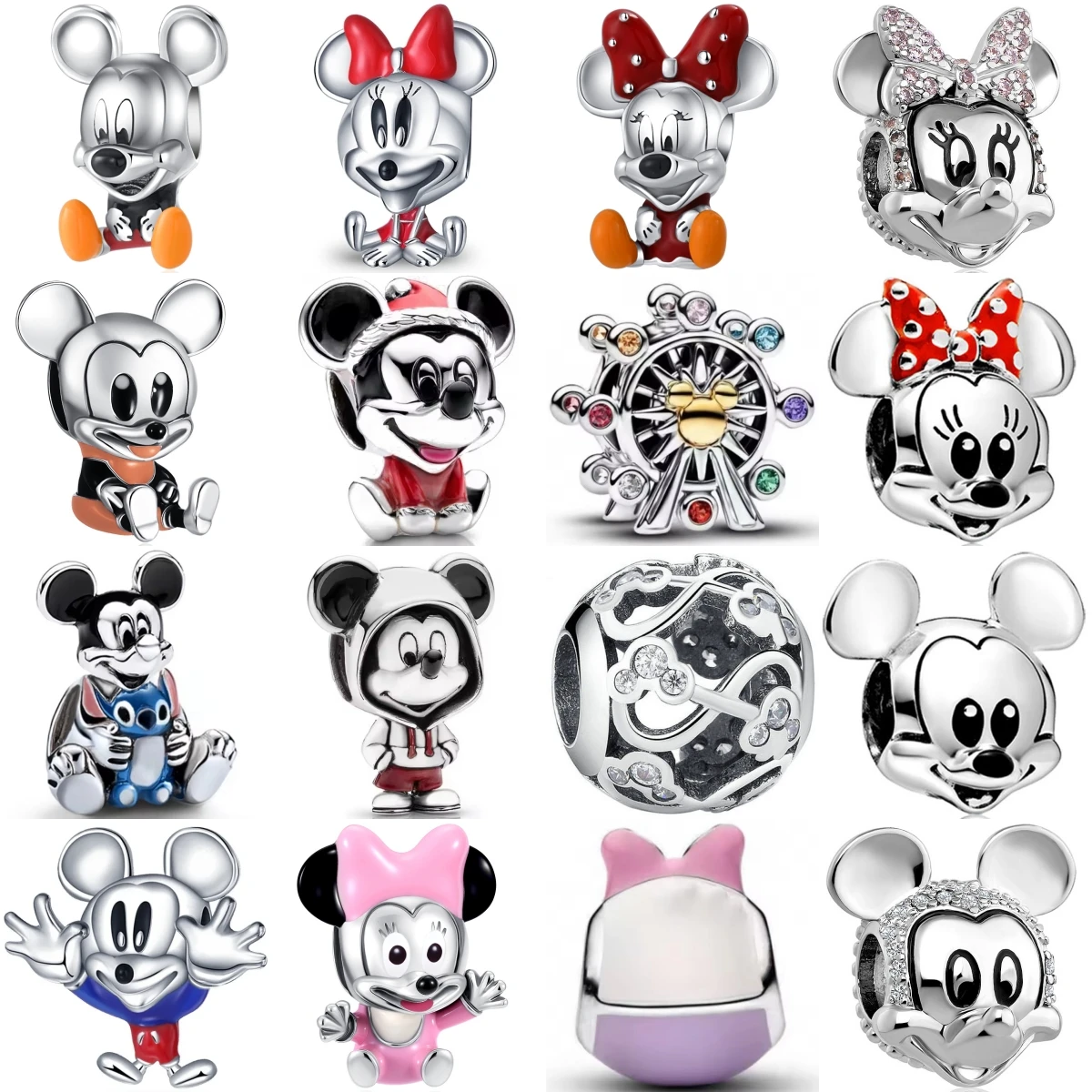 925 Sterling Silver Charms  Minnie Mouse Red Bow Ferris Wheel Fit Original DIY Accessories For Wome