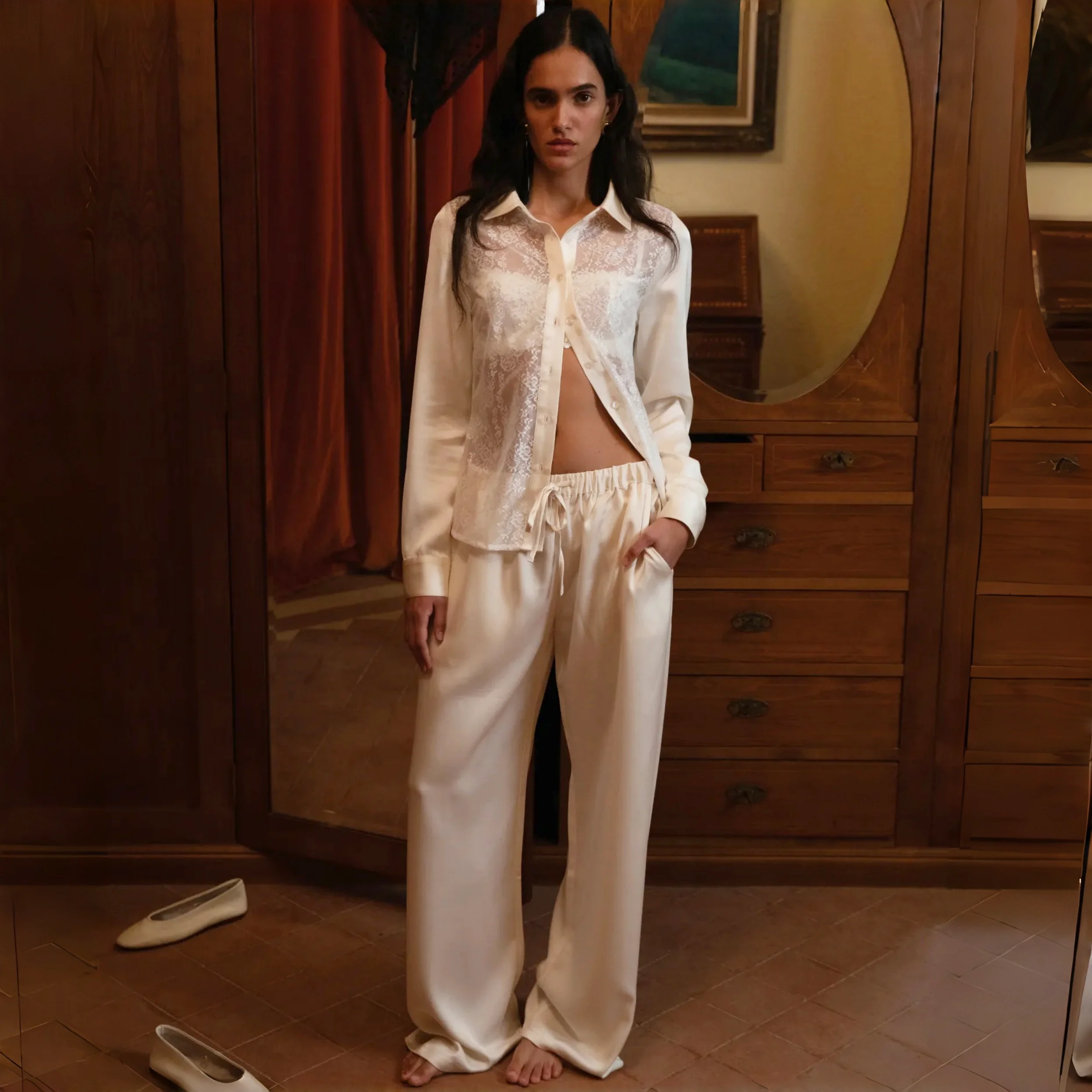 Apprabant Women Lace Patchwork Shirt Pants Set Long Sleeve Button Top Elastic Waist Straight Pants Y2K Streetwear 2 Piece Outfit