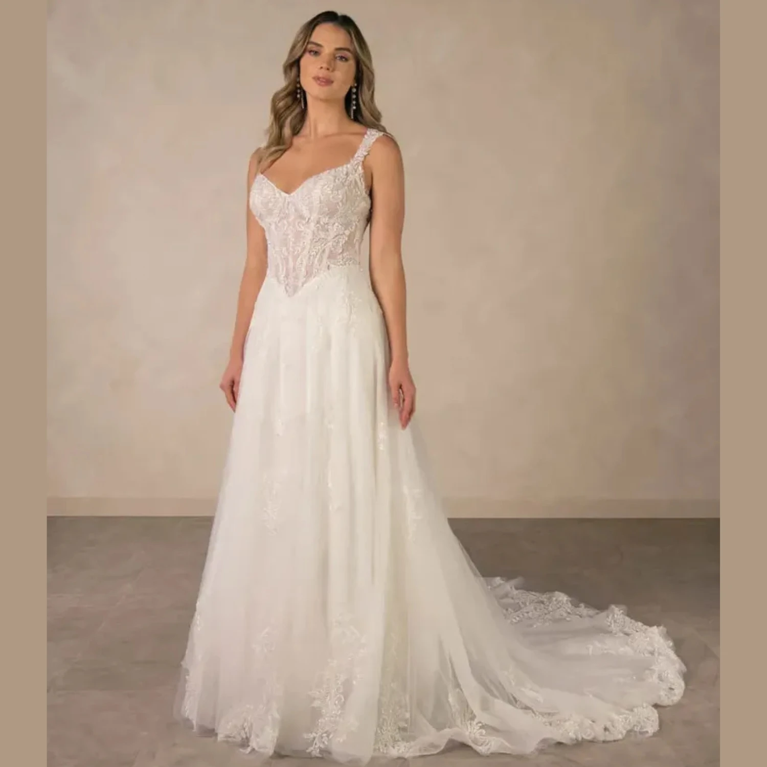 

Convertible Lace A-Line Wedding Dress 2in-1 Sweetheart Neck Detachable Long Sleeves Illusion Back Tulle Bridal Gown Train Custom
