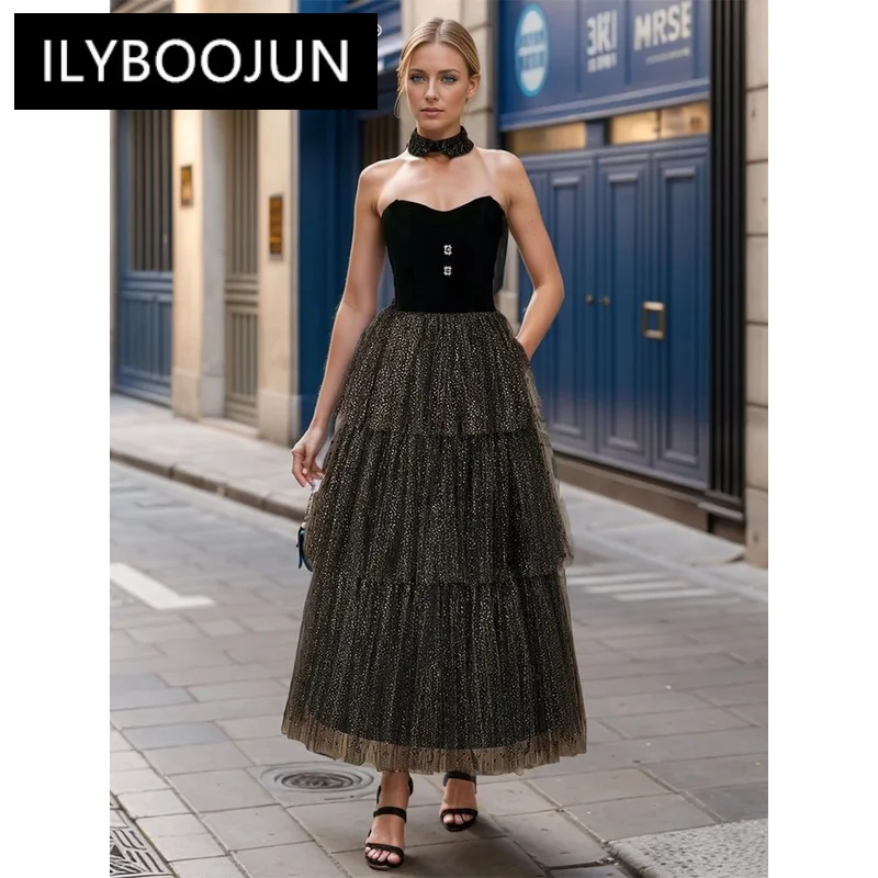 

ILYBOOJUN Solid Sexy Spliced Mesh Elegant Dress For Women Strapless Sleeveless High Waist Temperament Dresses Female Fashon