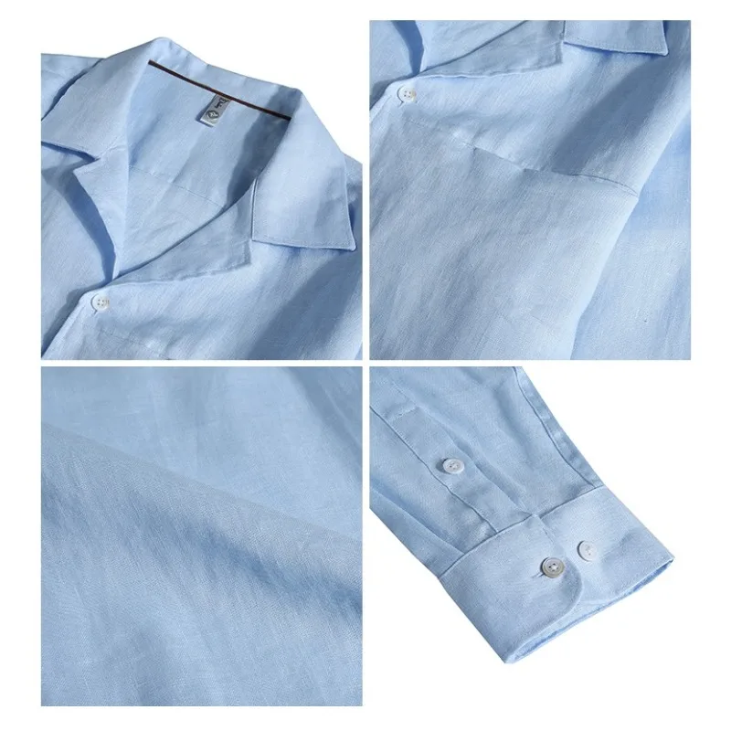 Men's 100% Pure Linen Shirt - Old Money Style Premium Suit Collar Long Sleeve Top with Breathable Texture for Summer Elegance
