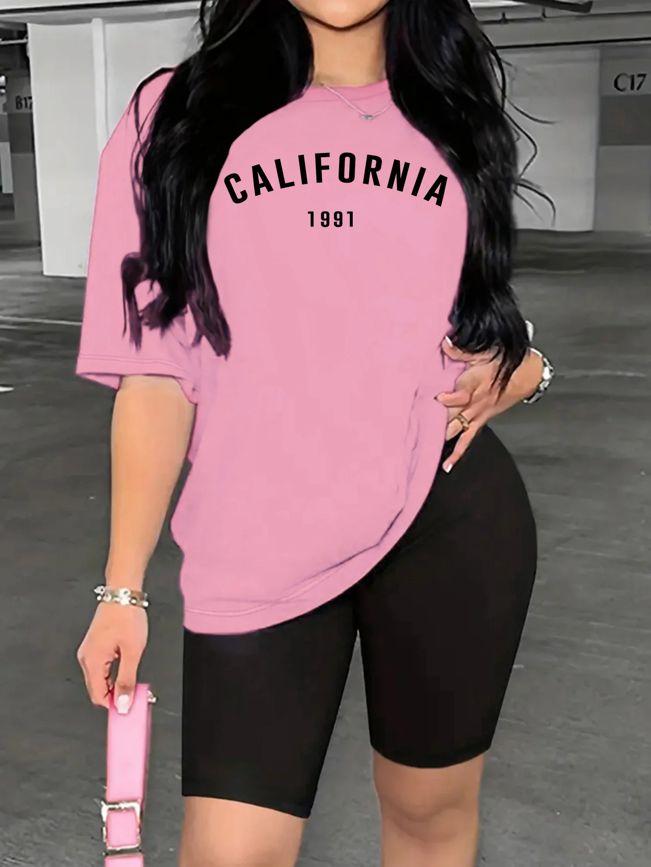 California Print Casual Two Piece Set, Drop Shoulder Short Sleeve T-shirt & Short Leggings Outfits, Women\'s Clothing