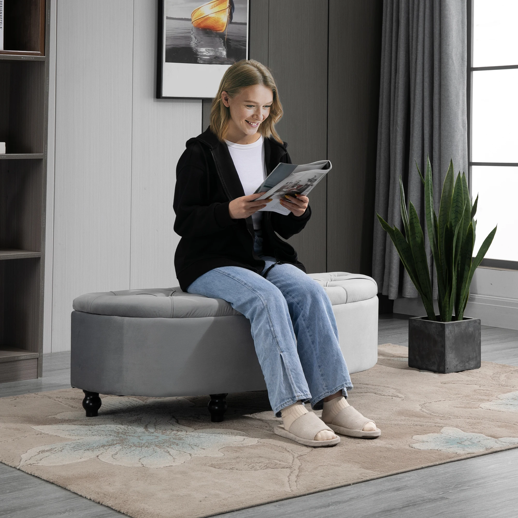 HOMCOM Semi-Circle Storage Ottoman Bench Tufted Upholstered Accent Footrest