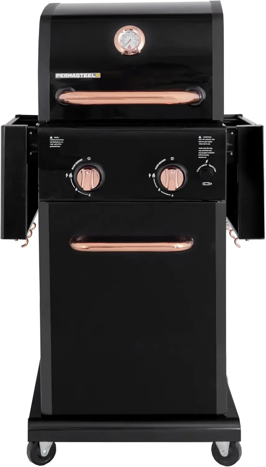 2-Burner Gas Grill, Foldable Side Tables, Grilling Tool Hooks, Propane Gas Barbecue Grill, Black with Copper Accent