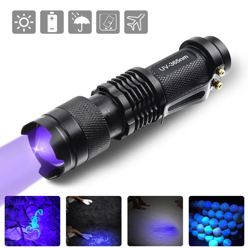 UV Flashlight LED Ultraviolet Torch Zoomable Mini Ultra Violet Lights Inspection Lamp Pet Urine Stain Detector Tools 395/365nm