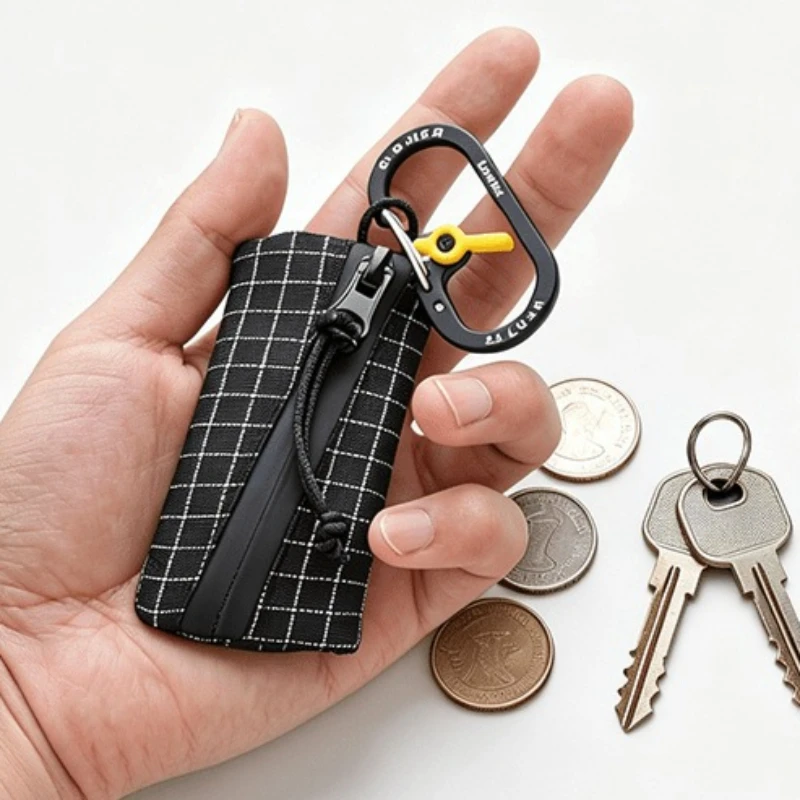 Mini Plaid Zipper Coin Purse with Carabiner, Portable Keychain Wallet for Cash Coins Cards Keys, Compact Unisex Travel Organizer