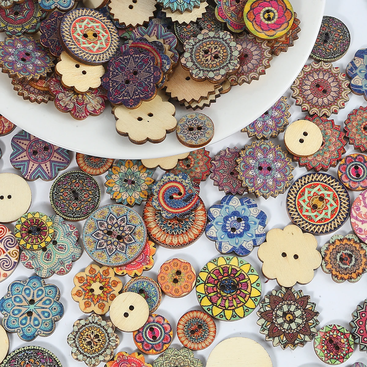 Retro Wooden Button 2-Hole Ethnic Style Wooden Bead Handmade Sewing Scrapbook Clothing Button DIY Crafts Accessories Gift Card D