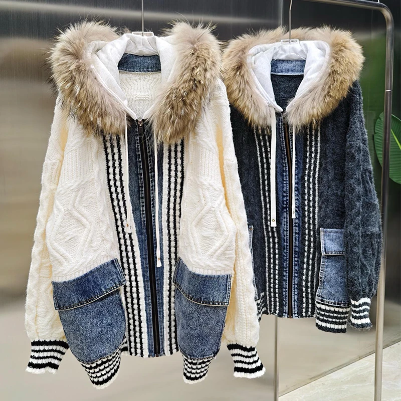 2025 Women Winter Luxury Real Raccoon Fur Collar Hoodie Knitting Thick Denim Cloth Joint Sweater Hooded Zipper Coat